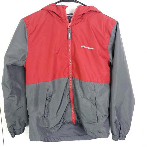 Eddie Bauer Jacket Kids M Full Zip Hooded Windbreaker Red Gray No Lining - Picture 1 of 12
